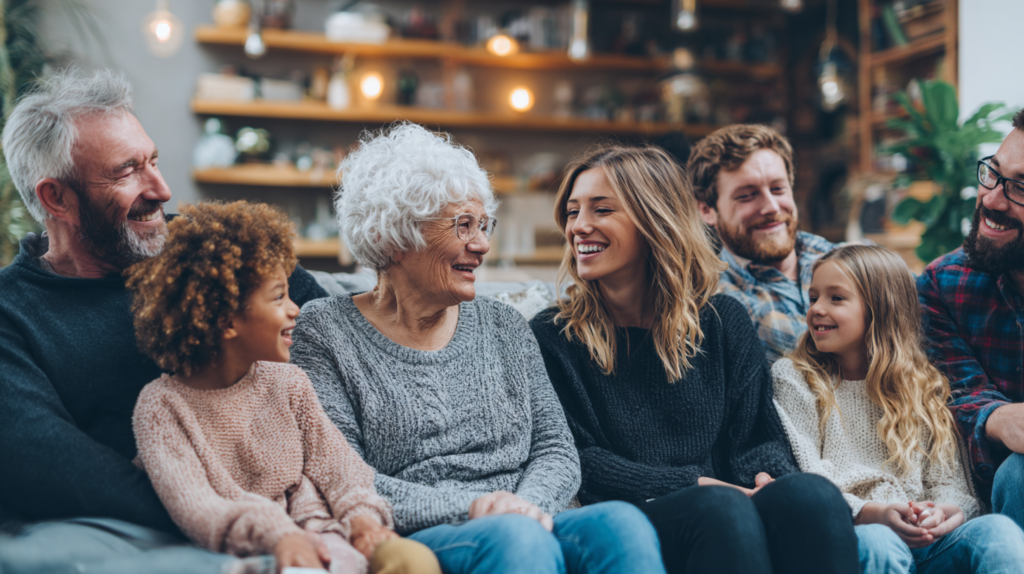 Multi-generational family together sitting happily together in a living room.