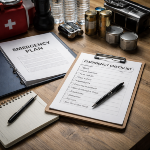 emergency preparedness supplies with communication plan and checklist