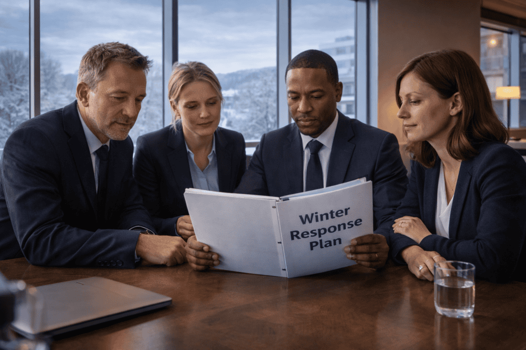 Business team reviewing winter safety checklist for continuity planning