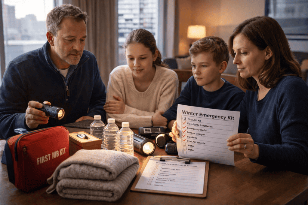 Winter family emergency kit checklist items prepared for storm