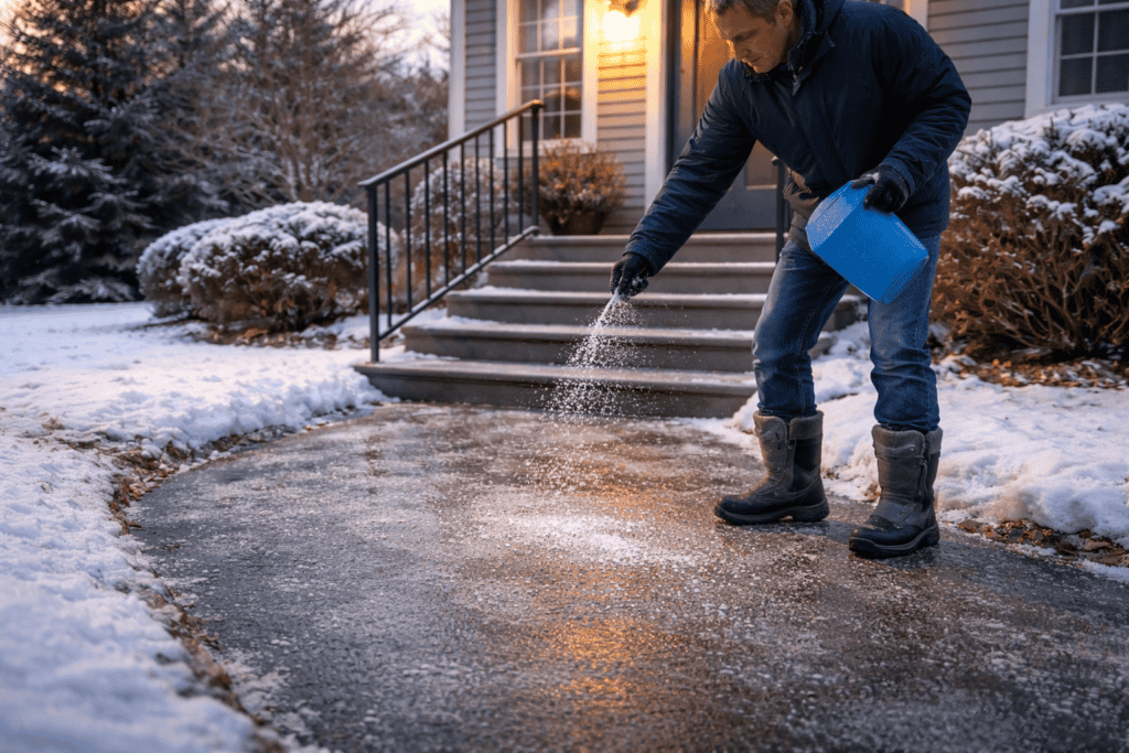 Homeowner applying salt to icy sidewalk for winter safety