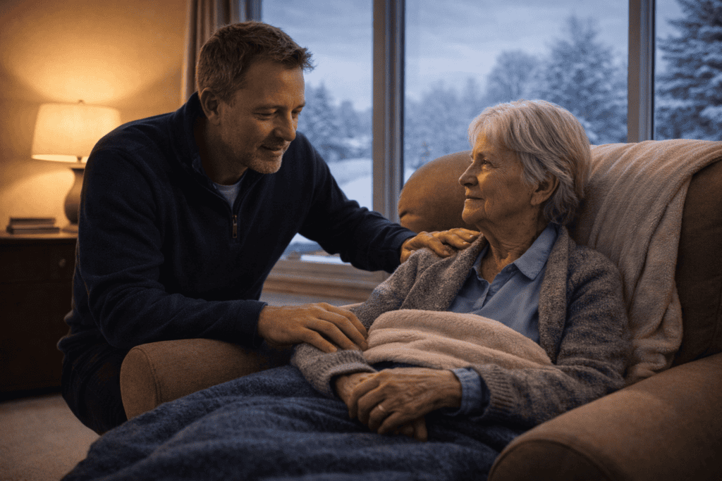 An adult checking in on an elderly parent 