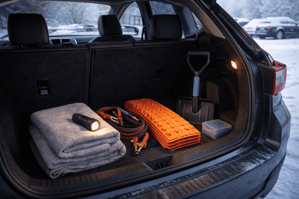 Winter vehicle emergency kit prepared for cold weather travel