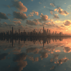 Calm city skyline at sunrise