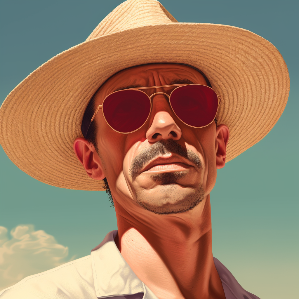 A photorealistic picture of a man wearing a wide-brimmed hat, and sunglasses outside in the hot sun.