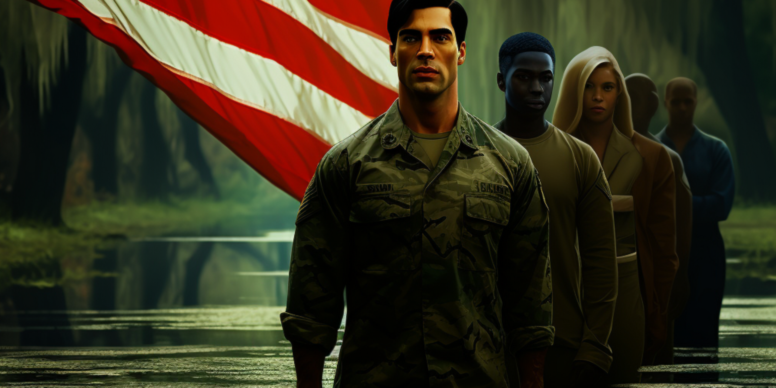 Veterans in line standing in a marsh with a portion of the USA Flag over their right shoulder.