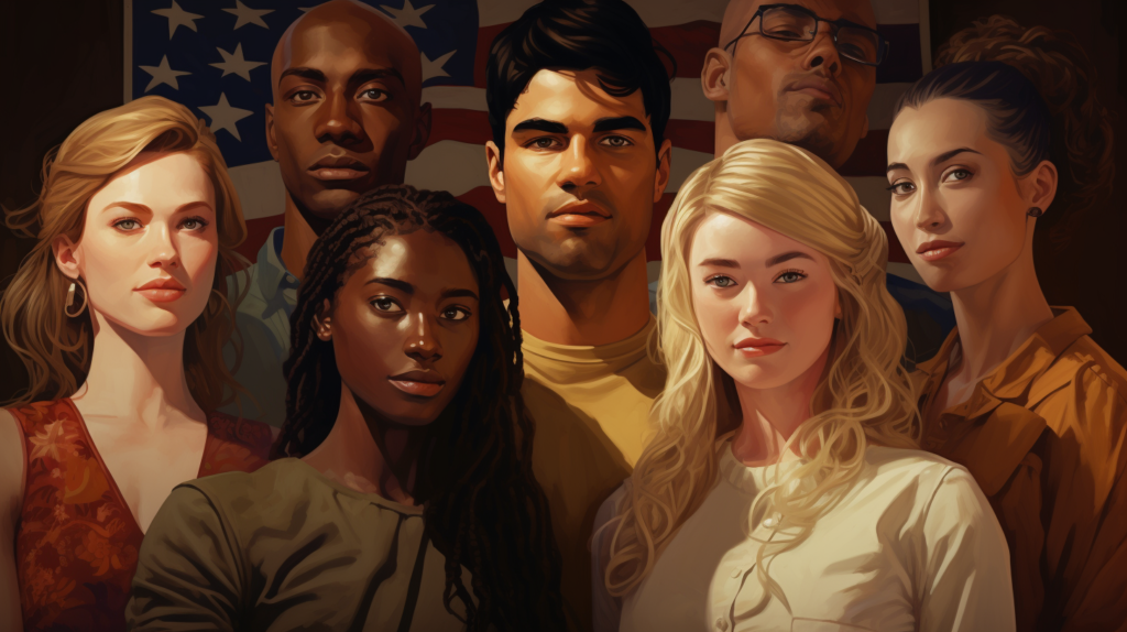 Young men and women standing in front of a USA flag