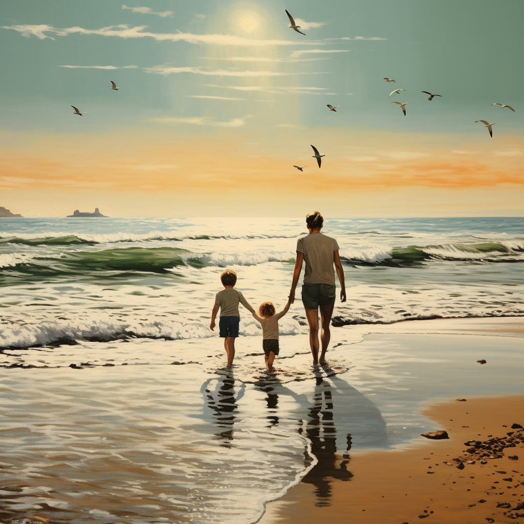 Mother walking children at the beach wearing dark blue swim suits.