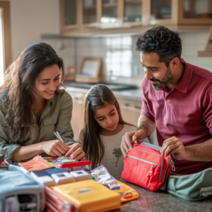 "Parents and kids reviewing their home emergency kit checklist"