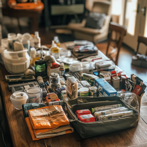 "Emergency kit supplies organized by category"