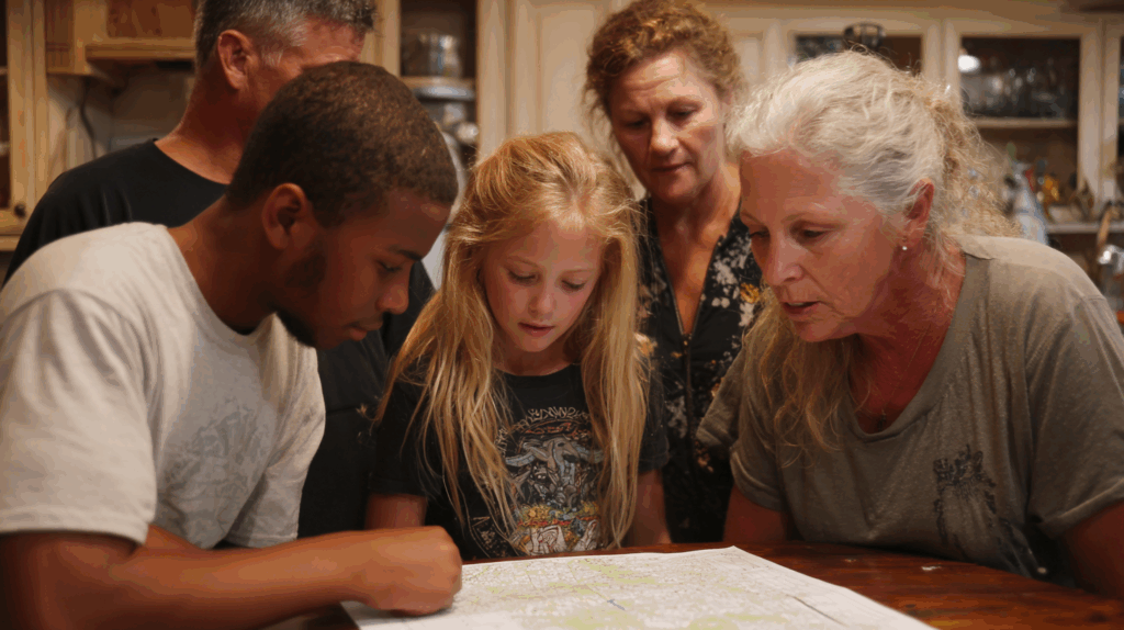 Family reviewing evacuation map as part of disaster preparedness.