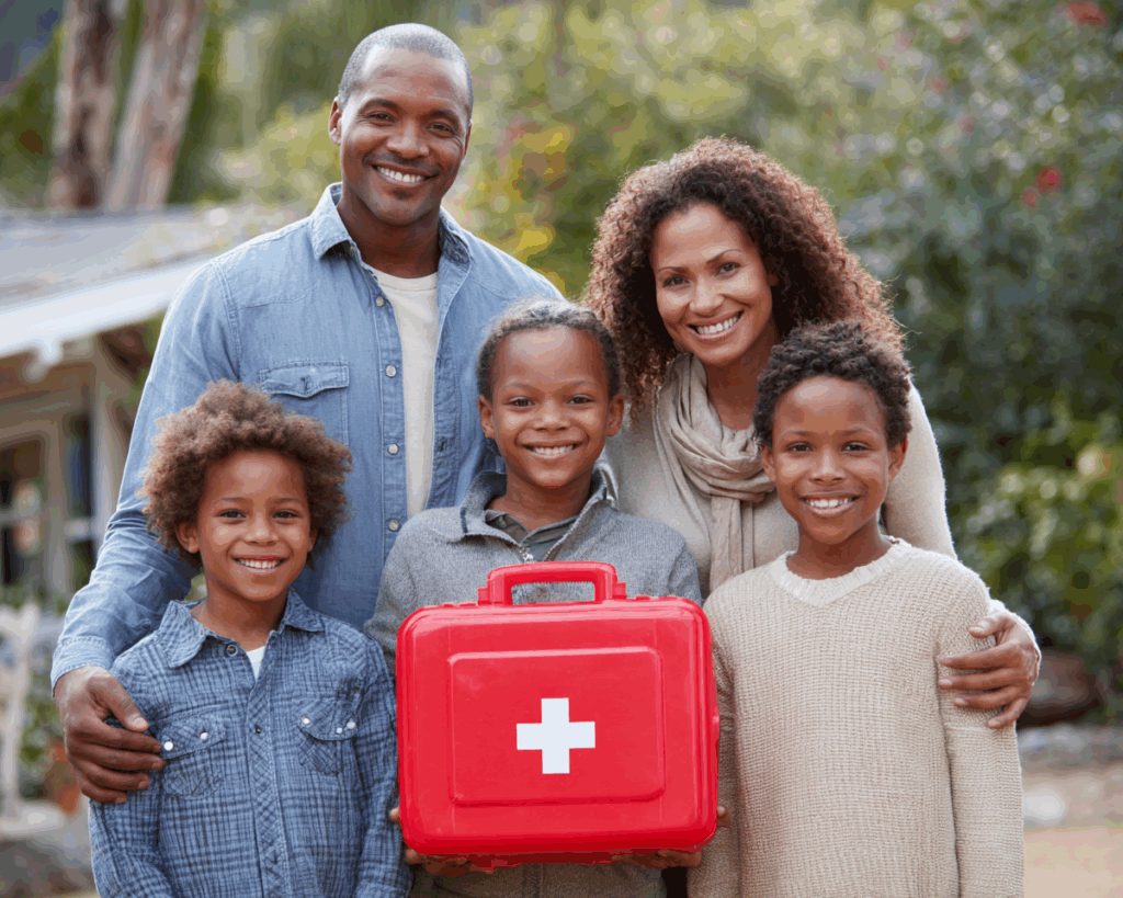 Parents and children holding a first aid kit together, symbolizing preparedness and unity.