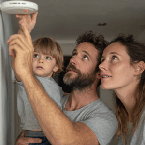 Family testing smoke alarm for holiday fire safety.