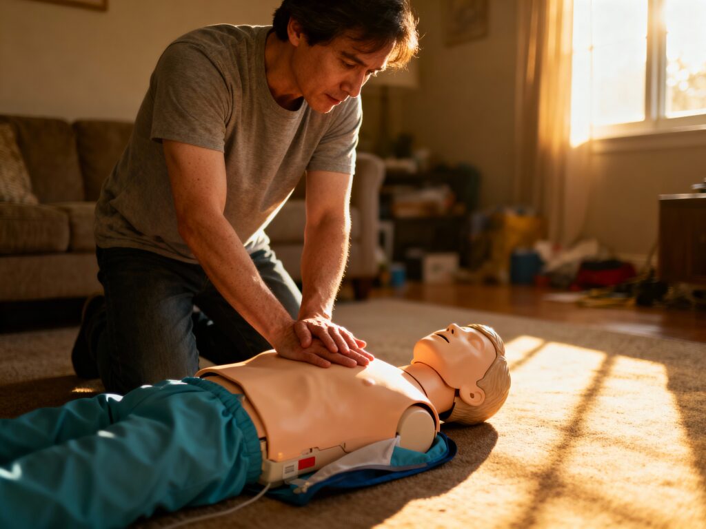 photo of a parent administering CPR training on a mannequin at home