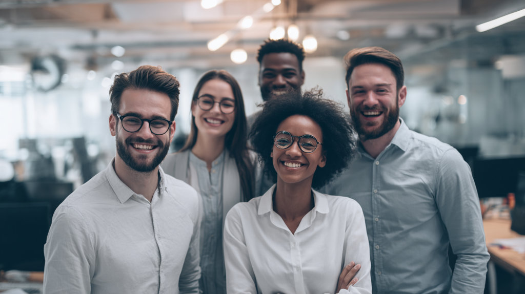 A calm confident workplace environment with happy employees in it.