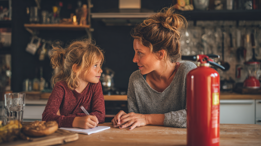 Parent and child discussing a simple fire evacuation plan at the kitchen table with snacks and beverages 