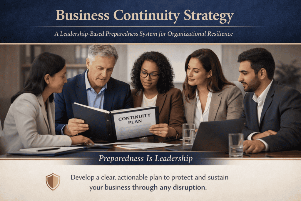 Business leadership team reviewing a continuity action plan in a structured and professional meeting environment.