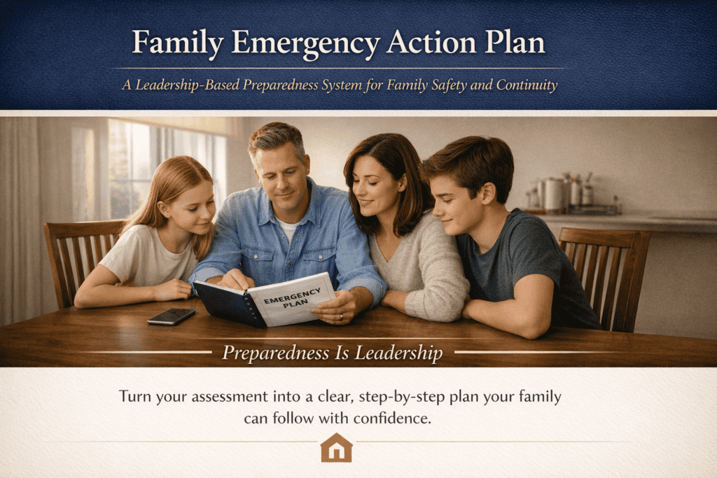 Family reviewing an emergency action plan together in a calm, organized home setting.