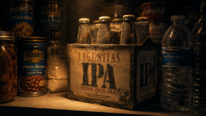 Close-up of a forgotten six-pack on a pantry shelf beside canned goods