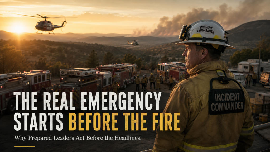 Firefighters preparing before a wildfire illustrating that the real emergency starts before the fire and preparedness is leadership.