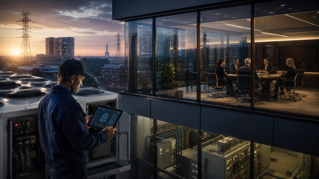 A maintenance technician studies a digital building dashboard while, in the background, executives conduct a leadership meeting unaware of hidden infrastructure risks