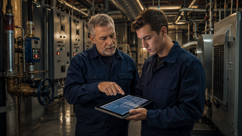 Experienced facility manager mentoring a younger maintenance professional inside a large commercial building mechanical room