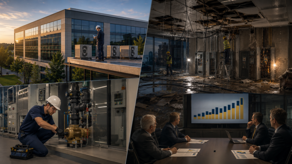 Left side: well-maintained commercial building with proactive maintenance underway. Right side: neglected building experiencing water damage, electrical failure, and emergency repair crews.