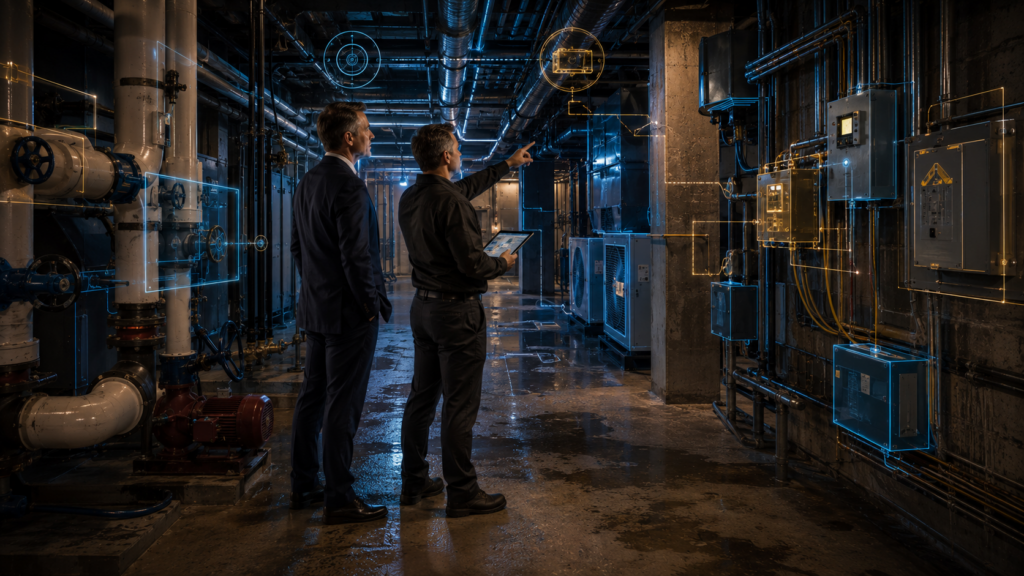 Executive and facility manager standing in a commercial building basement studying hidden utility systems.