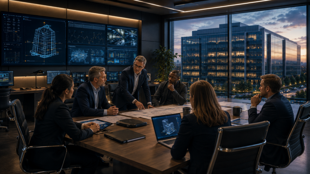 Modern executive operations center where facility intelligence software is displayed on large digital screens while a leadership team collaborates around a conference table making operational decisions.