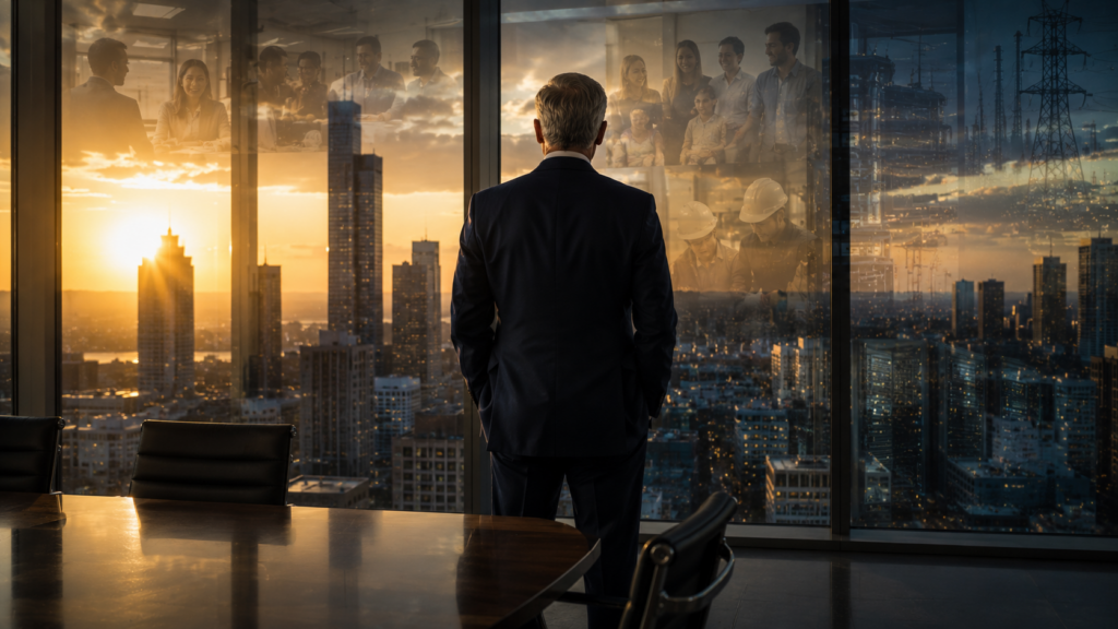 Senior business leader standing alone in a high-rise executive boardroom at sunrise overlooking a city skyline.