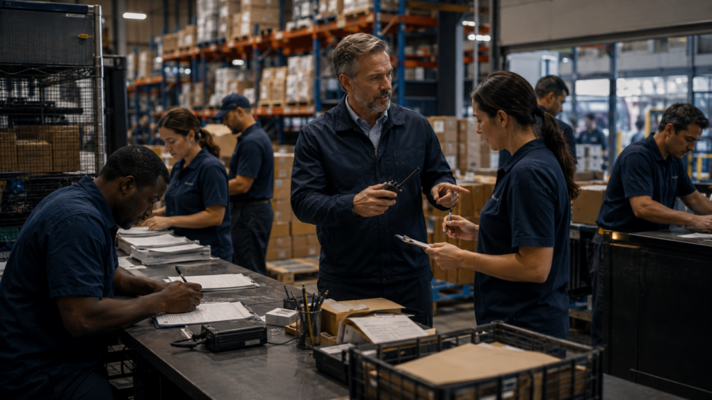 Employees maintaining business continuity through manual procedures and leadership after digital systems become unavailable.