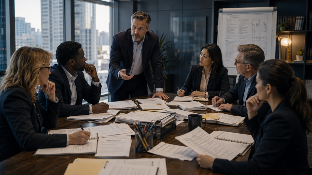 Business continuity leadership team evaluating payroll, communications, customer service, decision-making, and manual operations during a preparedness exercise.