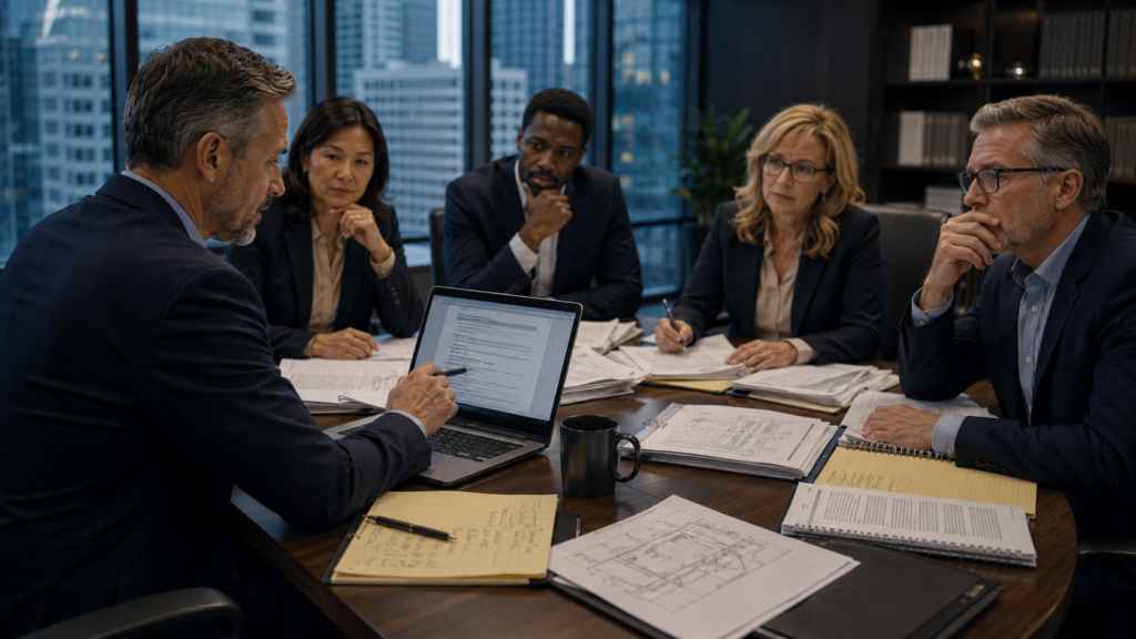 Leadership team validating AI-generated business continuity recommendations through human judgment and operational experience.