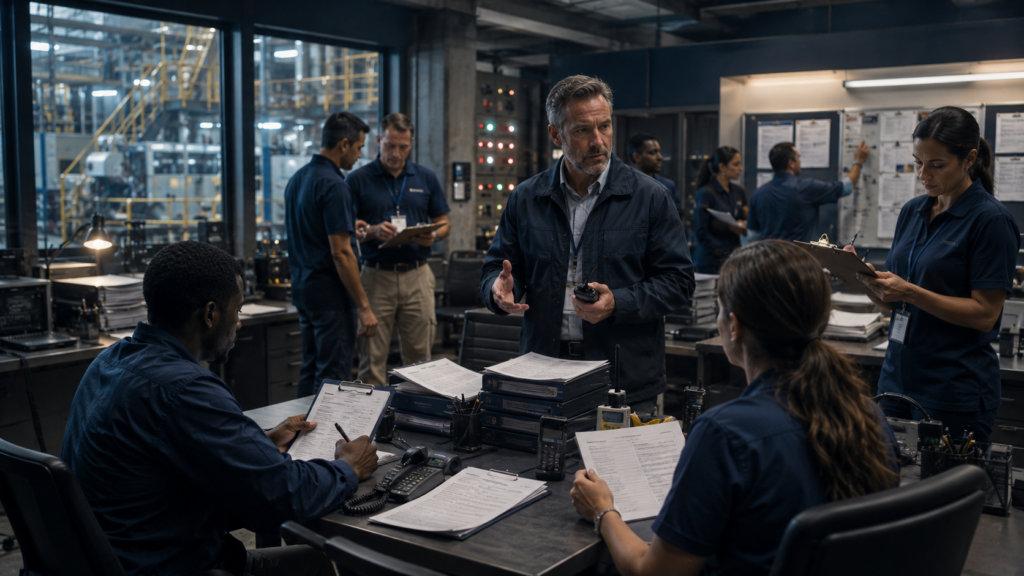 Business continuity leadership in action as employees use manual procedures and face-to-face communication during a critical technology outage.