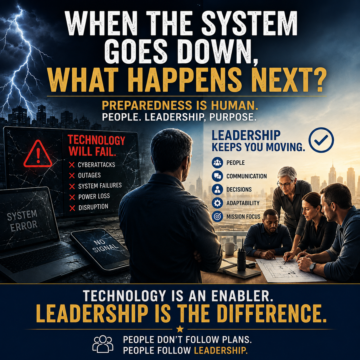 Business continuity leadership during technology failure, showing system outages contrasted with a team using communication, decisions, and adaptability to continue operations.