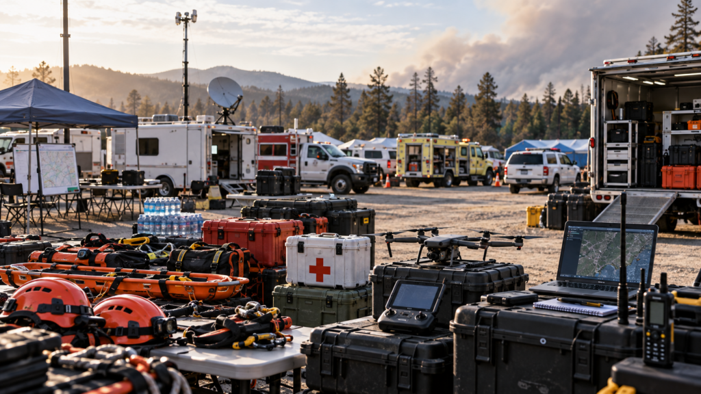 Multi-agency disaster-response staging area showing different generic nonprofit response vehicles and specialized equipment assembling at a rally point.